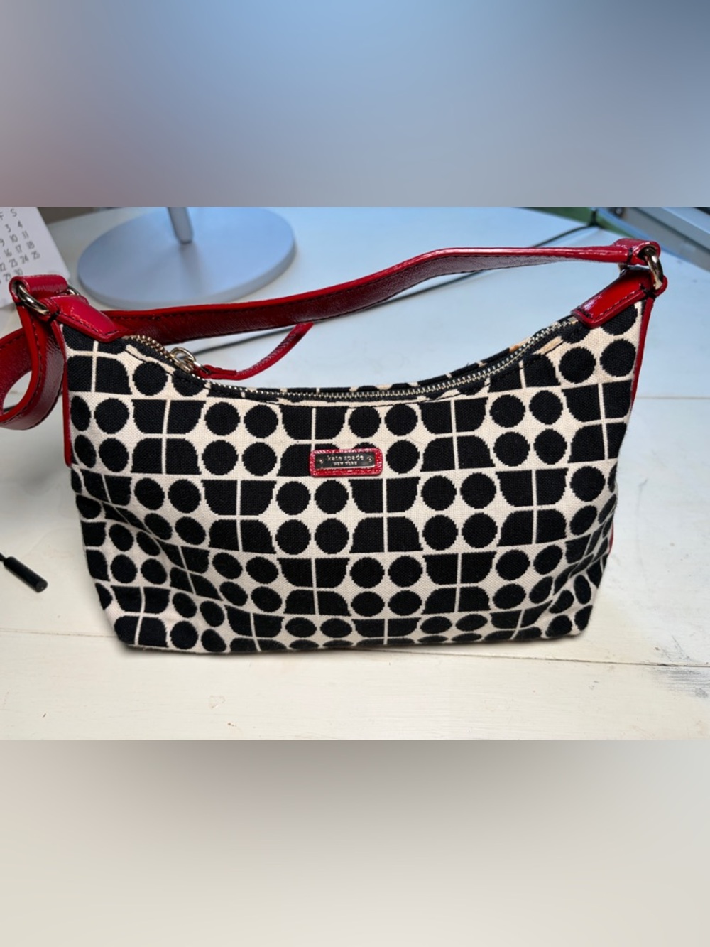 kate spade Black & White Geometric Shoulder Bag with Red Trim